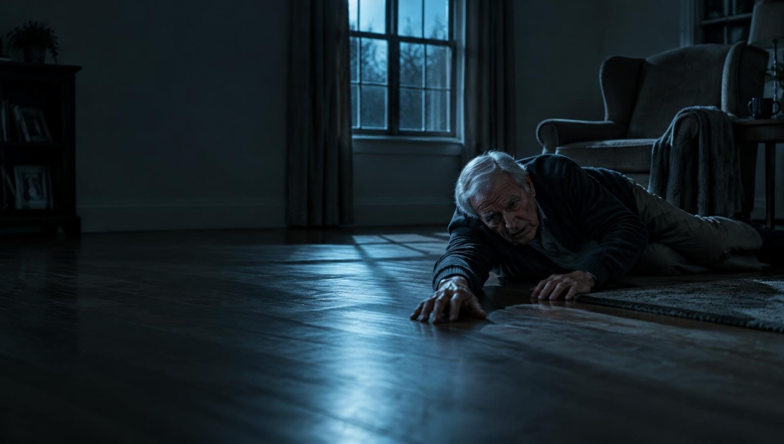 An elderly man fallen on the floor of an empty, dimly lit room — alone, with no one near to help